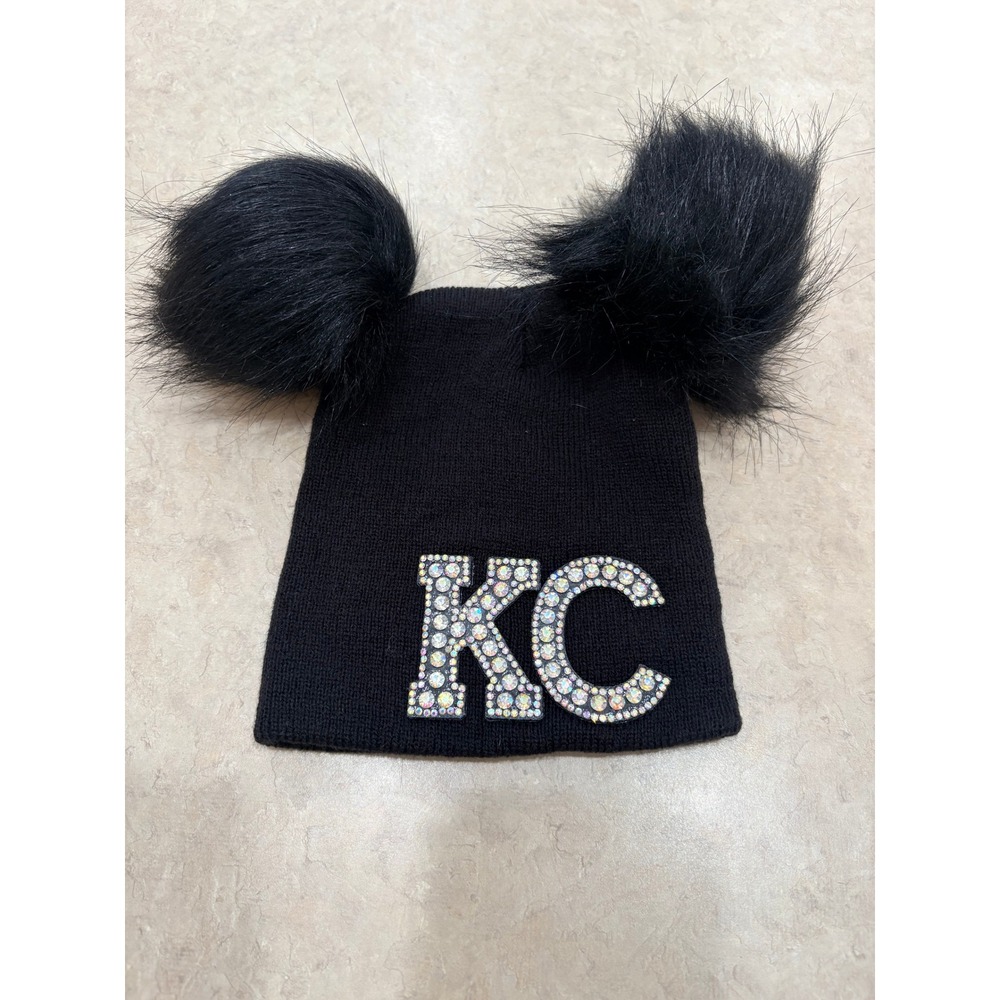 Toddler Girls Handmade Black Beanie W/ Faux Fur Pom Pom KC Chiefs Rhinestone